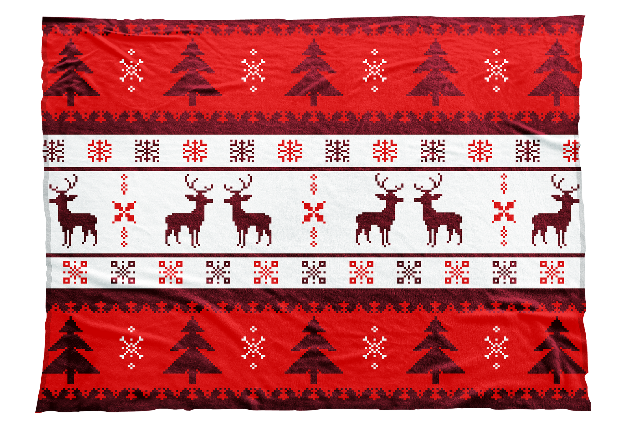 Reindeer, snowflakes, and Christmas trees adorn this Christmas sweater-inspired blanket design in red. Perfect for Christmas and appropriate for the entire winter season.