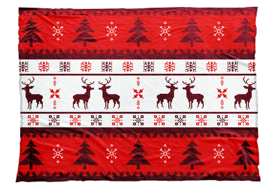 Reindeer, snowflakes, and Christmas trees adorn this Christmas sweater-inspired blanket design in red. Perfect for Christmas and appropriate for the entire winter season.