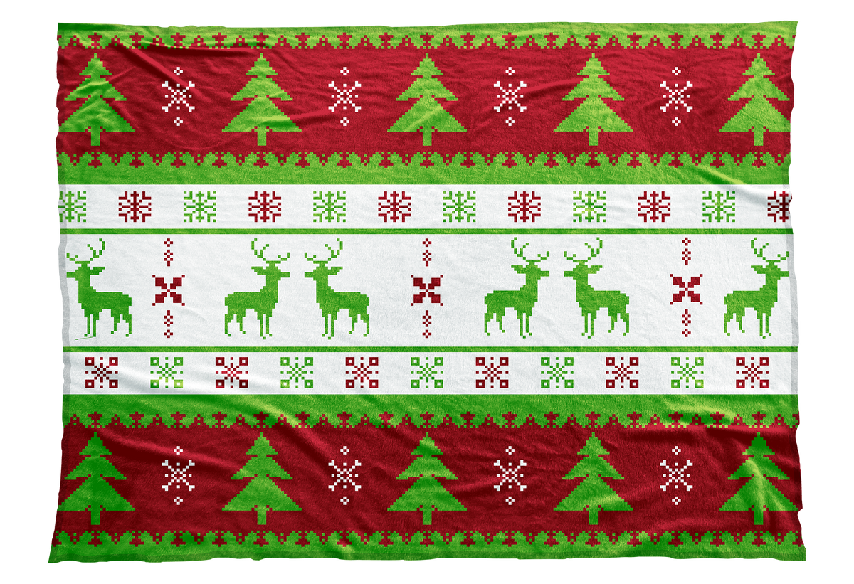 Reindeer, snowflakes, and Christmas trees adorn this Christmas sweater-inspired blanket design in red and green. Perfect for Christmas and appropriate for the entire winter season.