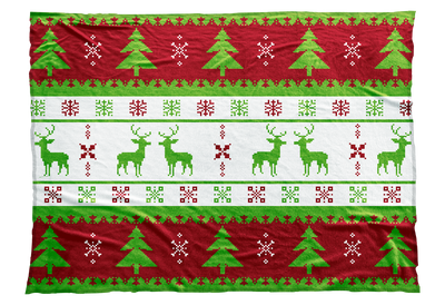 Reindeer, snowflakes, and Christmas trees adorn this Christmas sweater-inspired blanket design in red and green. Perfect for Christmas and appropriate for the entire winter season.