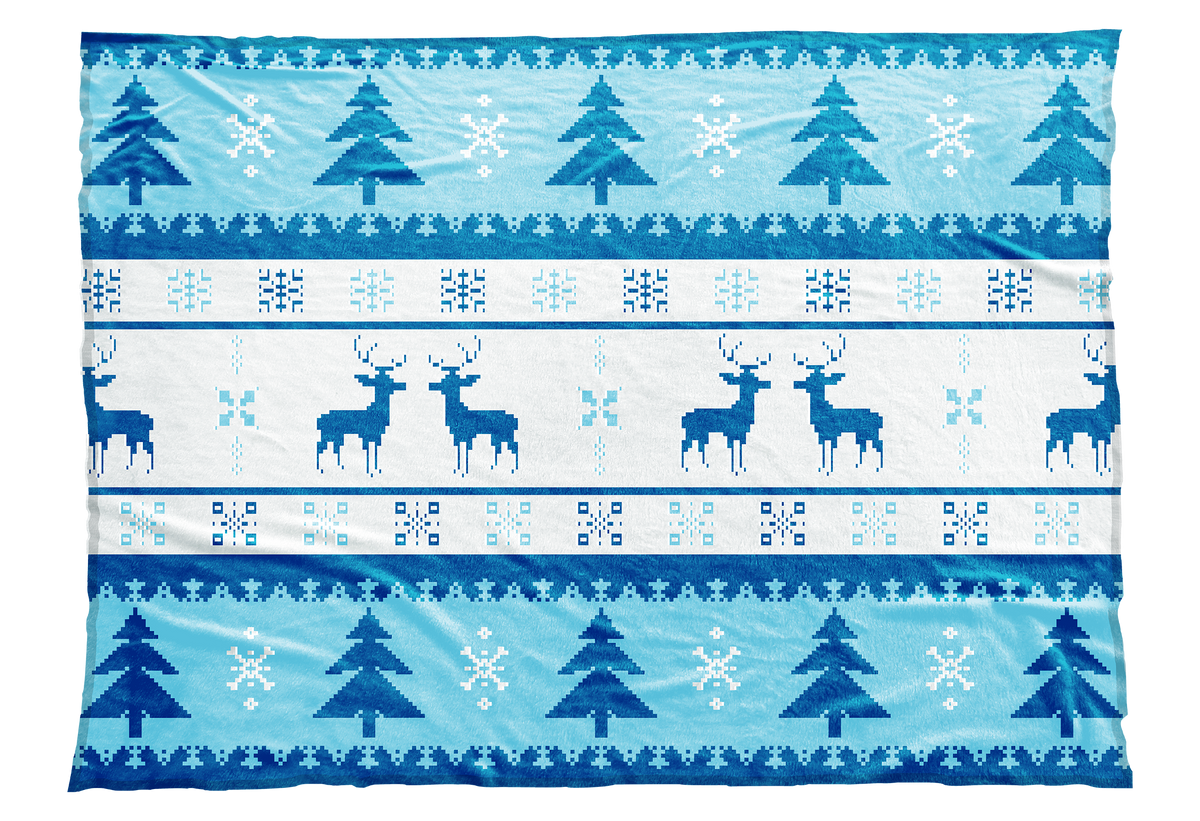 Reindeer, snowflakes, and Christmas trees adorn this Christmas sweater-inspired blanket design in blue. Perfect for Christmas and appropriate for the entire winter season.