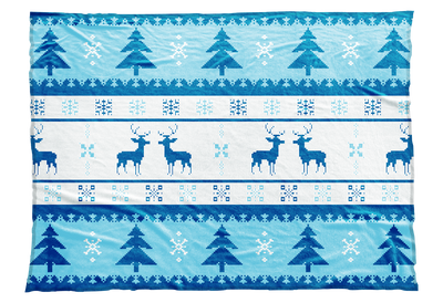 Reindeer, snowflakes, and Christmas trees adorn this Christmas sweater-inspired blanket design in blue. Perfect for Christmas and appropriate for the entire winter season.