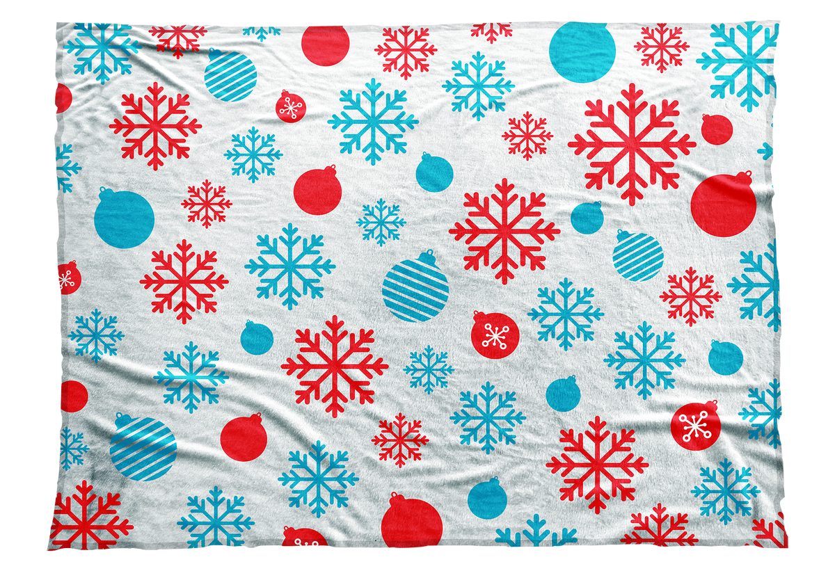 Red and blue snowflakes and Christmas ball ornaments decorate this seasonal blanket.