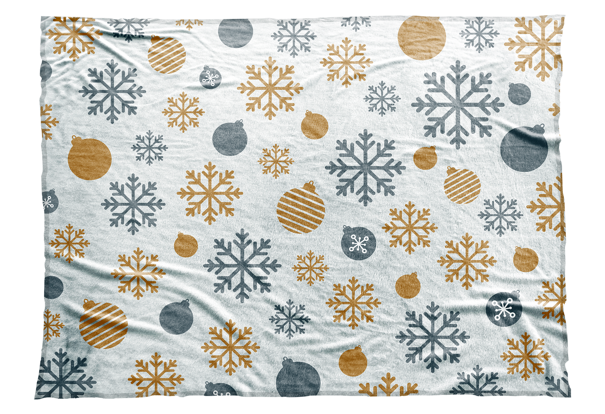 Silver and gold snowflakes and Christmas ball ornaments decorate this seasonal blanket.