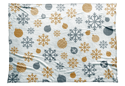 Silver and gold snowflakes and Christmas ball ornaments decorate this seasonal blanket.