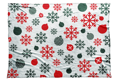 Red and green snowflakes and Christmas ball ornaments decorate this seasonal blanket.